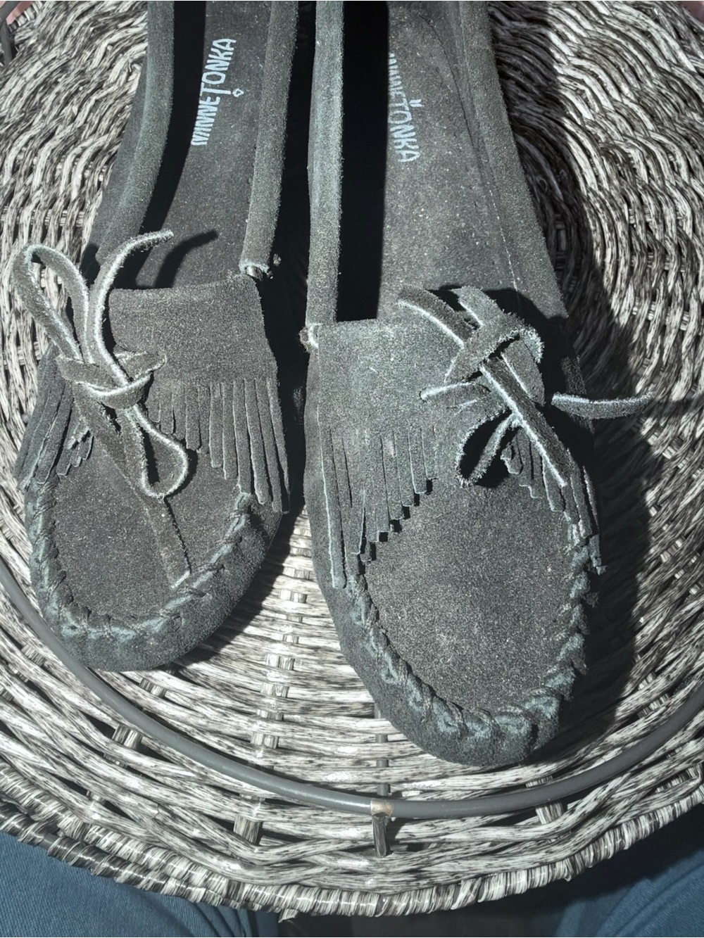Minnetonka Black Suede Fringe Bow Moccasins